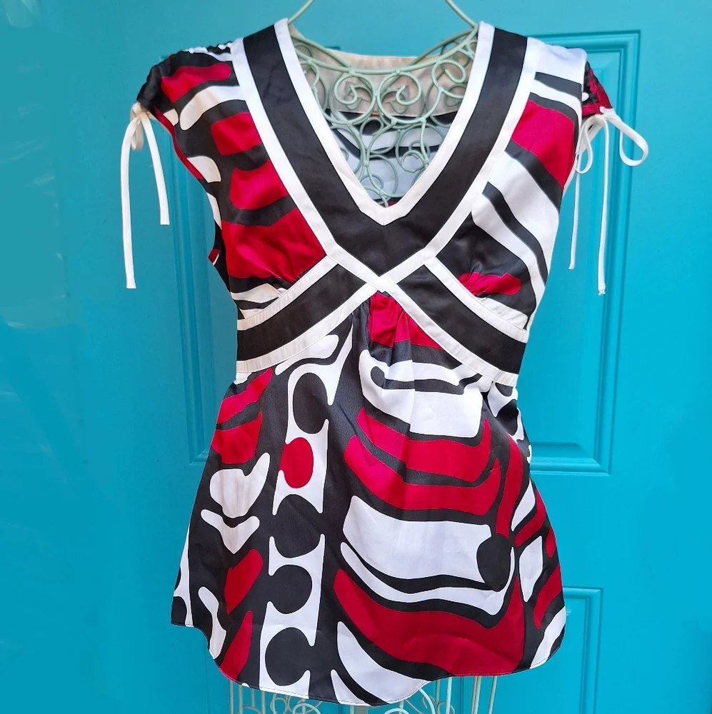 Vintage Satin Top Blouse Festival Shirt Bold Print Tie Back Empire Waist Y2k 90s - Picture 11 of 17